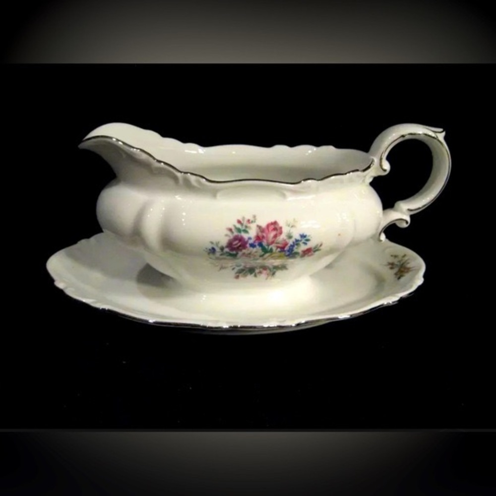 Crown Bavaria Gravy Boat With Attached Underplate Germany Silver Trim Bouquet